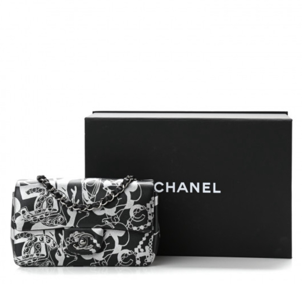 CHANEL Lambskin Printed Mini Rectangular Flap in Black and Silver